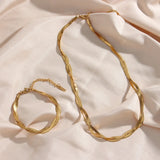 Waterproof Herringbone Chain Necklace Bracelet Set, 18K Plated Stainless Steel