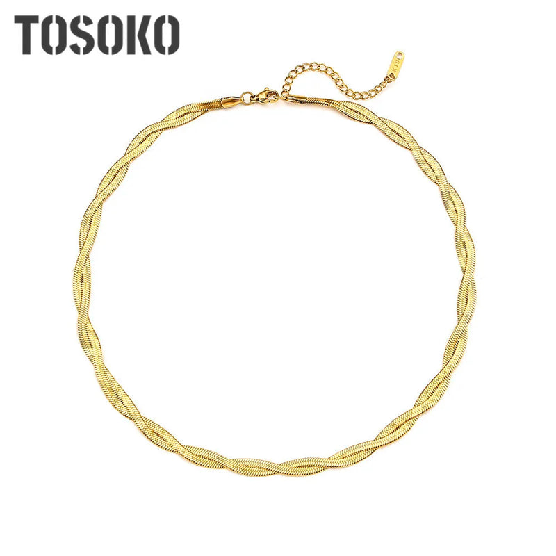 Waterproof Herringbone Chain Necklace Bracelet Set, 18K Plated Stainless Steel