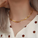 Waterproof Herringbone Chain Necklace Bracelet Set, 18K Plated Stainless Steel