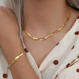 Waterproof Herringbone Chain Necklace Bracelet Set, 18K Plated Stainless Steel