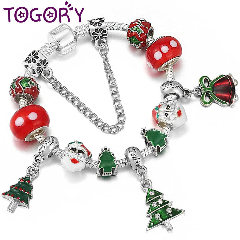 Christmas Tree Santa Claus Beads Charm Bracelet Xmas Jewelry Gift