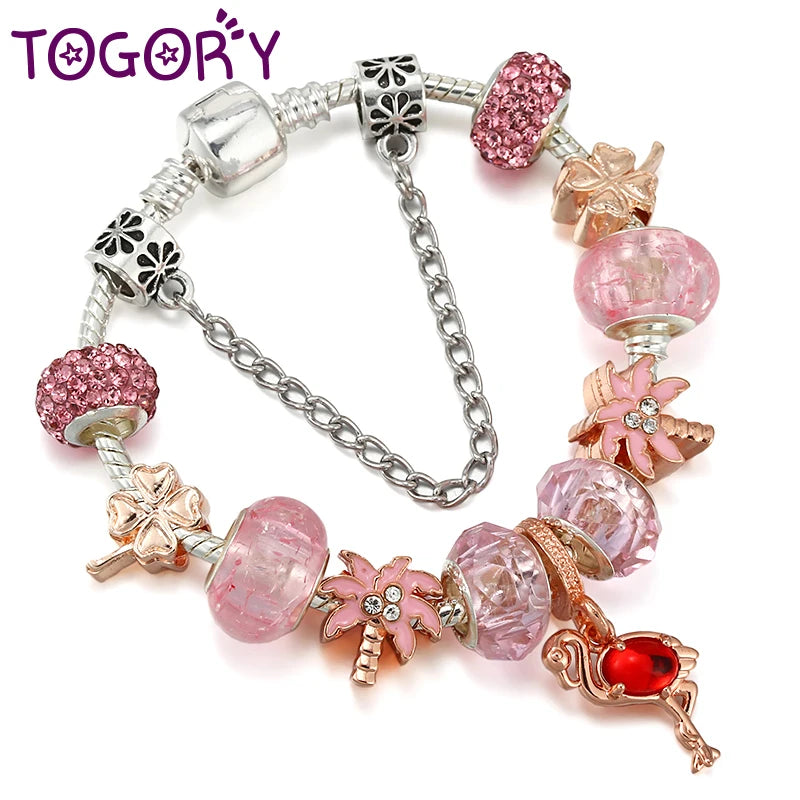 Red Crane Pendant Charm Bracelet With Silver Chain For Women Men Girls