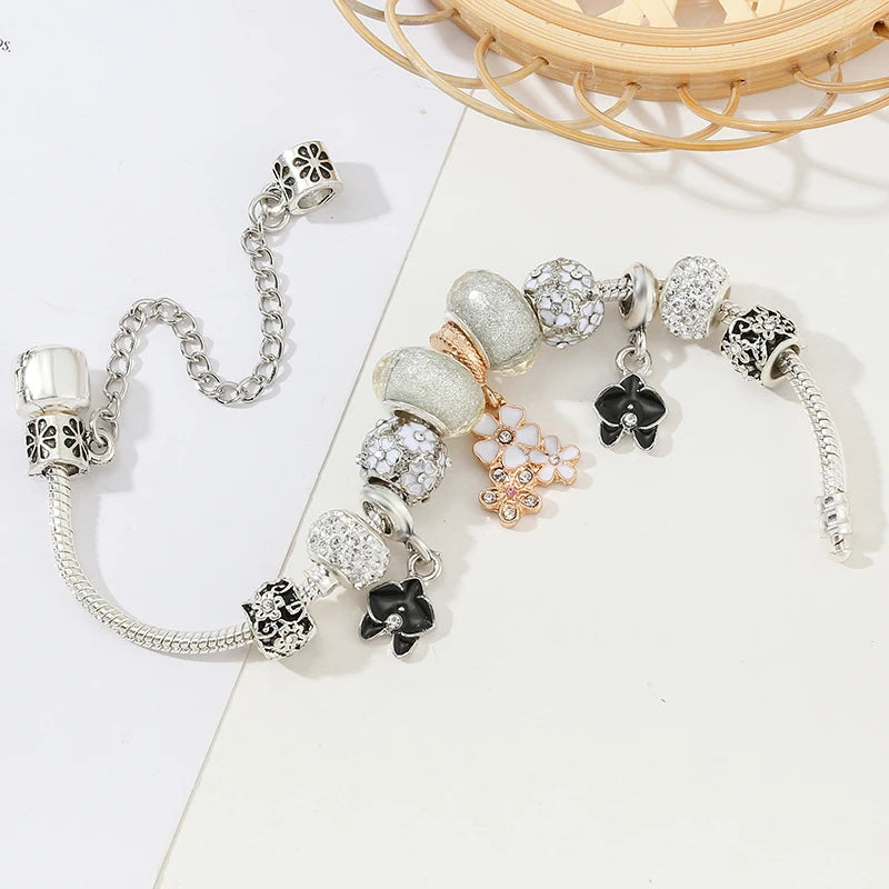 Silver Flower Pendant Charm Bracelets For Women Jewelry Gift