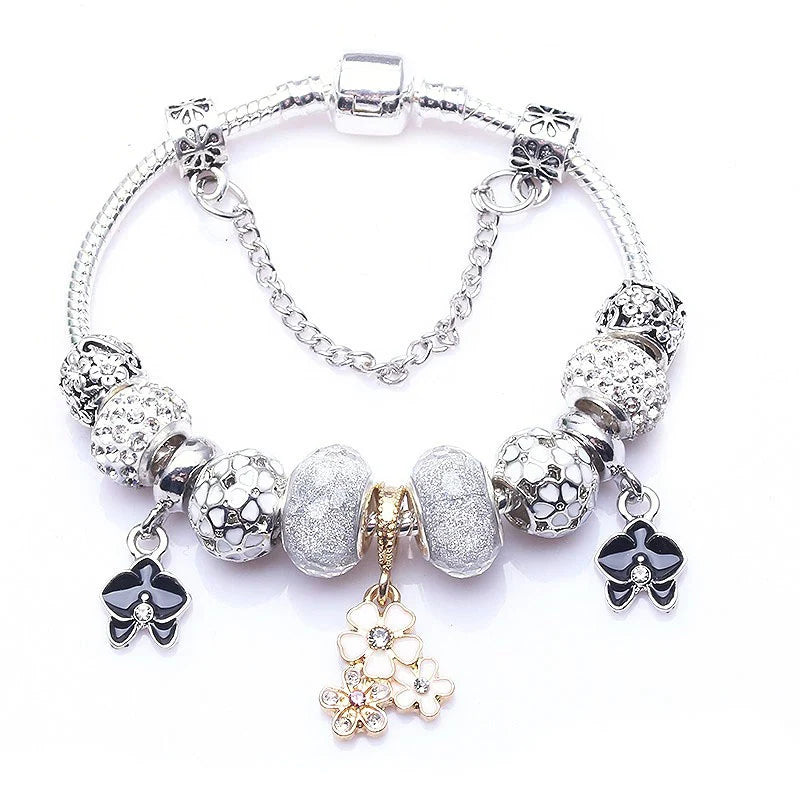 Silver Flower Pendant Charm Bracelets For Women Jewelry Gift