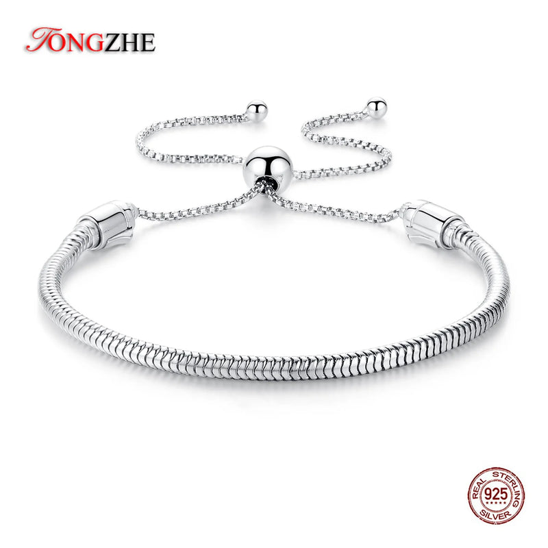 925 Silver Beads Bracelet Adjustable DIY Women Men Snake Chain