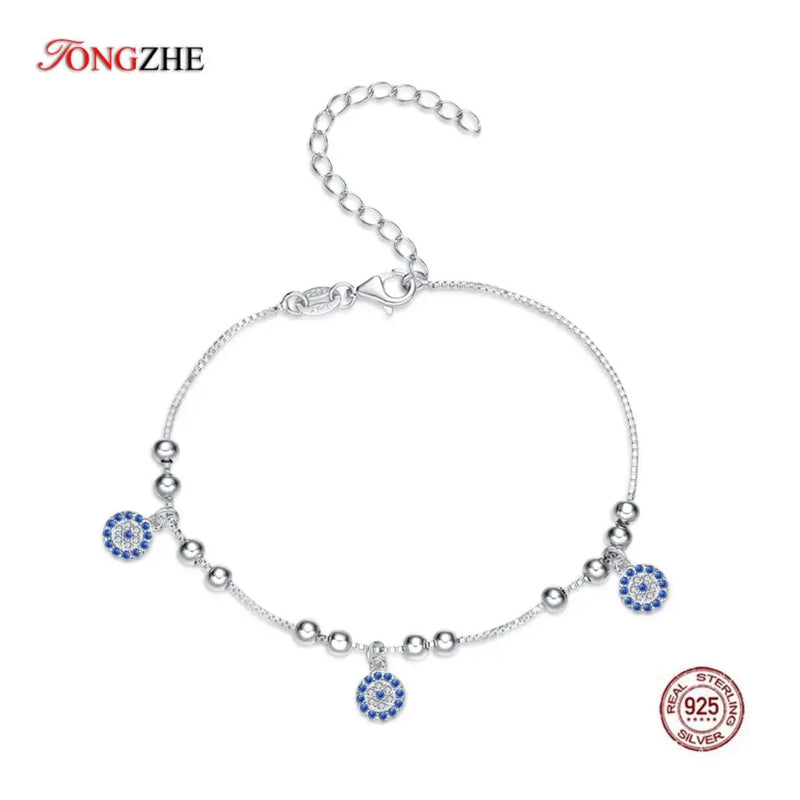 Sterling Silver 925 CZ Round Beads Evil Eye Bracelet