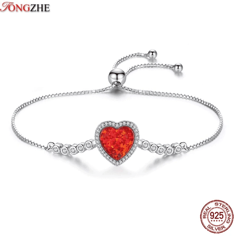 925 Silver Heart Shape Opal Box Chain Charm Bracelet
