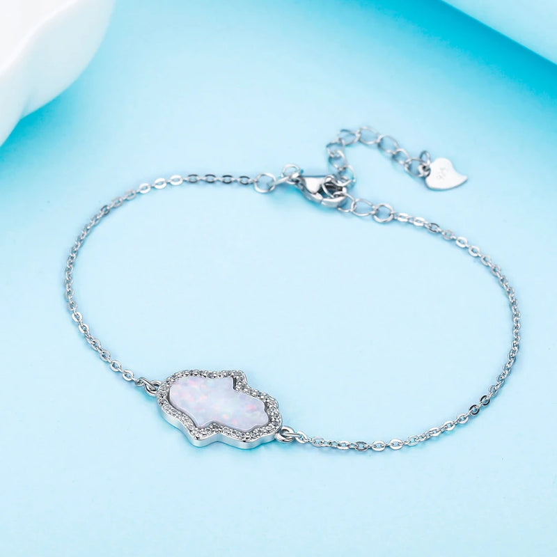 925 Silver Hamsa Hand Bracelet with Lucky Opal