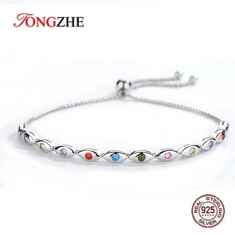 925 Silver Evil Eye Tennis Bracelet Colorful CZ Adjustable Turkey Jewelry