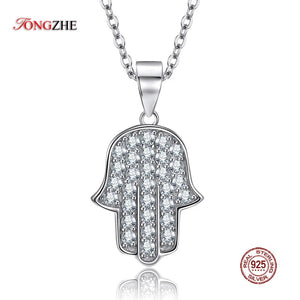 925 Silver Hand of Hamsa Pendant Necklace CZ Good Luck Hand Of Fatima Necklace