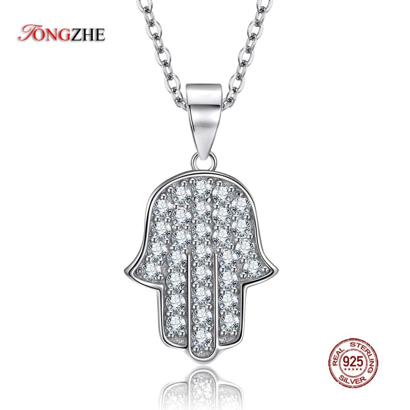 925 Silver Hand of Hamsa Pendant Necklace CZ Good Luck Hand Of Fatima Necklace