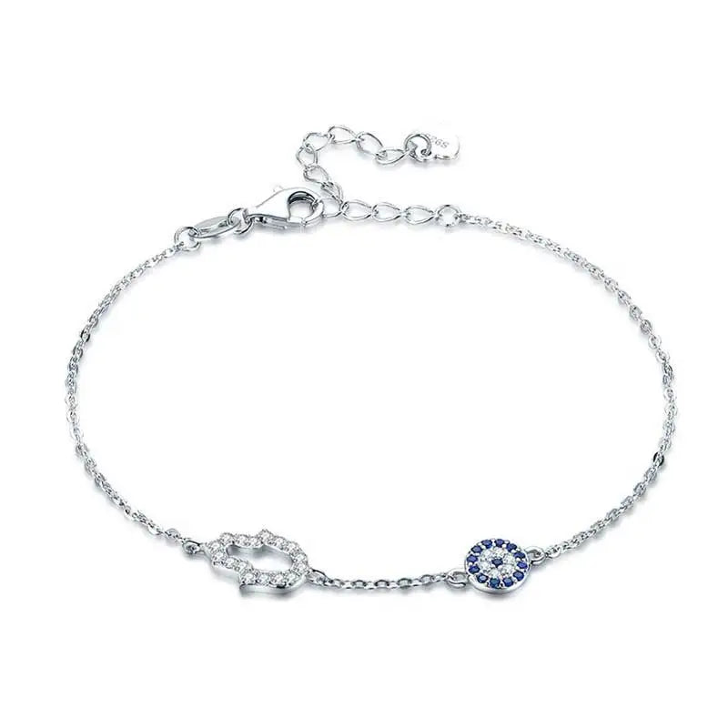 Hamsa Hand Evil Eye Bracelet 925 Silver CZ Chain Turkey Jewelry Chakra
