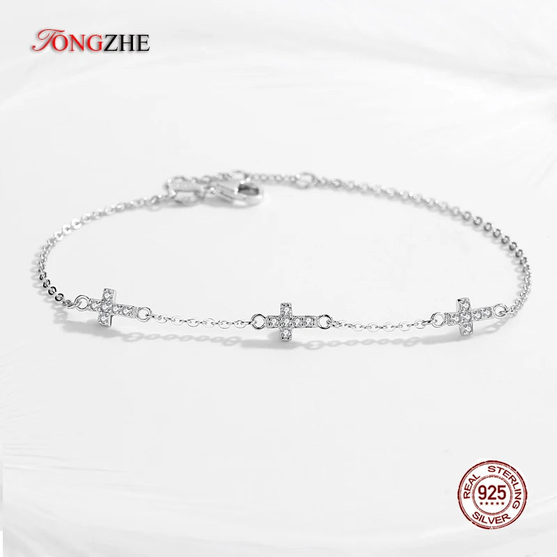 Cross Bracelet 925 Sterling Silver Crystal Charm Adjustable Chain Jewelry