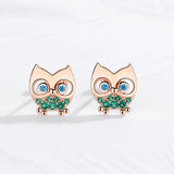 Owl Stud Earrings 925 Sterling Silver Green CZ Stone Animal Women Rose Jewelry