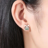 Owl Stud Earrings 925 Sterling Silver Green CZ Stone Animal Women Rose Jewelry