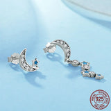 925 Silver Moon&Stars Stud Earrings CZ Crystal Women Fine Jewelry