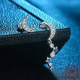 925 Silver Moon&Stars Stud Earrings CZ Crystal Women Fine Jewelry