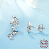 925 Silver Moon&Stars Stud Earrings CZ Crystal Women Fine Jewelry