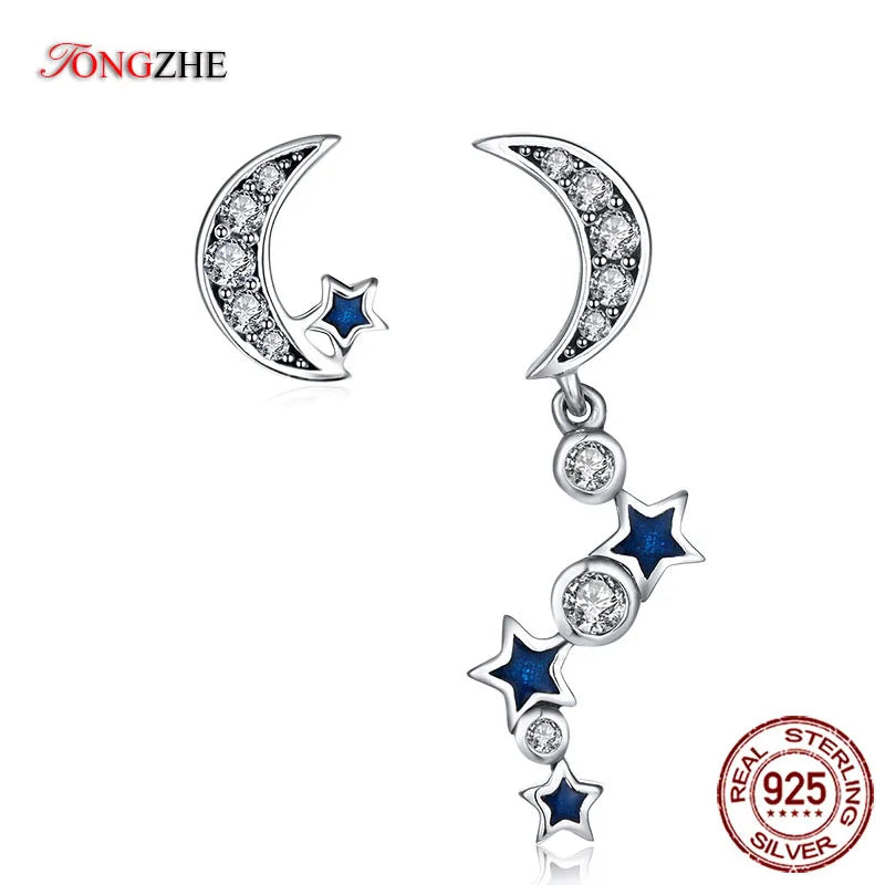 925 Silver Moon&Stars Stud Earrings CZ Crystal Women Fine Jewelry