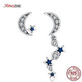 925 Silver Moon&Stars Stud Earrings CZ Crystal Women Fine Jewelry