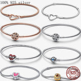 925 Silver Heart Snake Chain Bracelet For Women Fit Pamura Charm Bead Jewelry