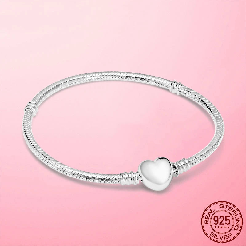 925 Silver Heart Snake Chain Bracelet For Women