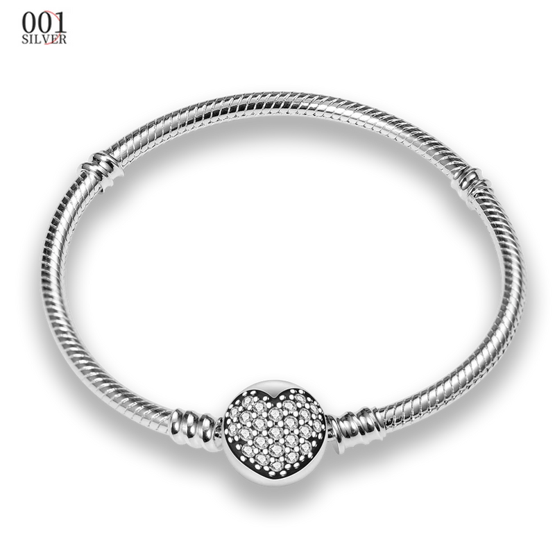 Femme 925 Silver Heart Snake Chain Bracelet