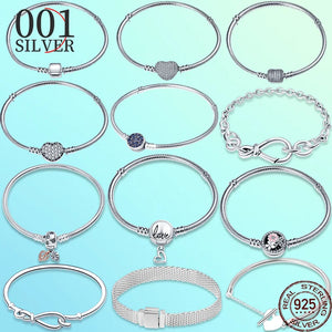 Femme 925 Silver Heart Snake Chain Bracelet