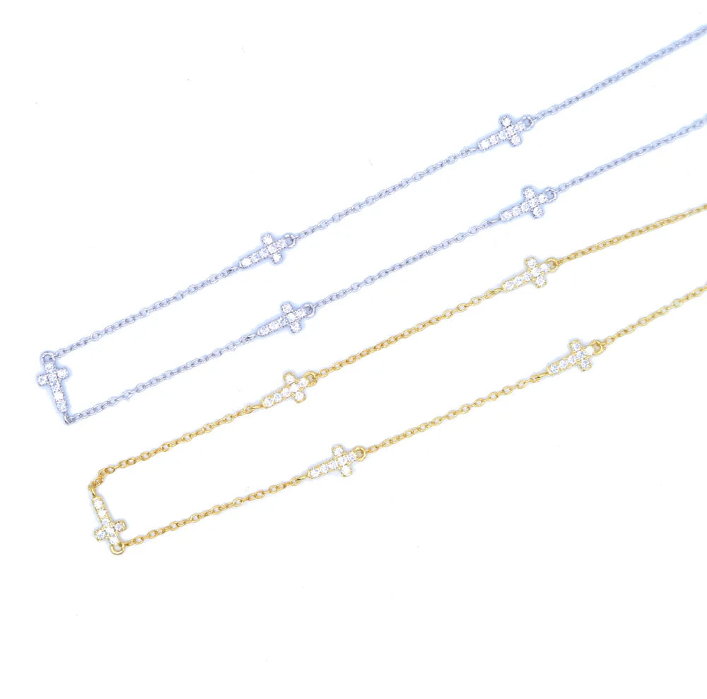 925 Silver Sideway Cross Pendant CZ Necklace