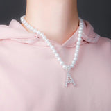 Pearl Necklace with CZ Letter Pendant Hiphop Charm Jewelry
