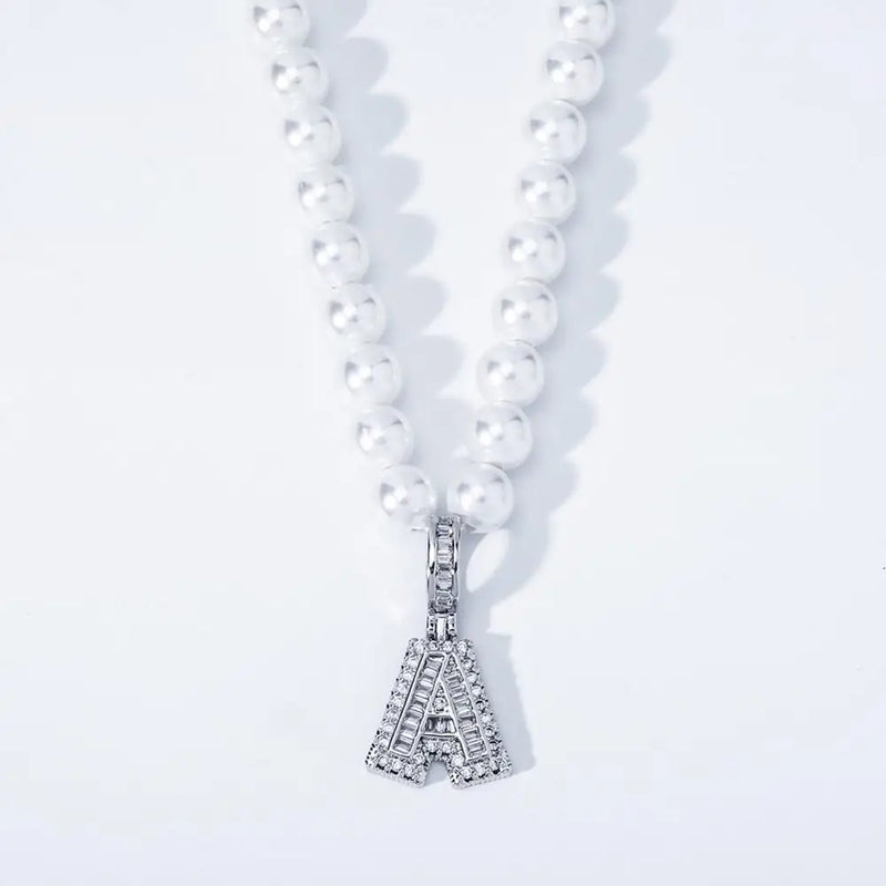 Pearl Necklace with CZ Letter Pendant Hiphop Charm Jewelry