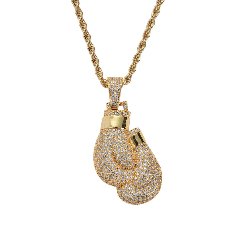 Boxing Gloves Pendant Necklace Iced CZ Men's Hip Hop Jewelry