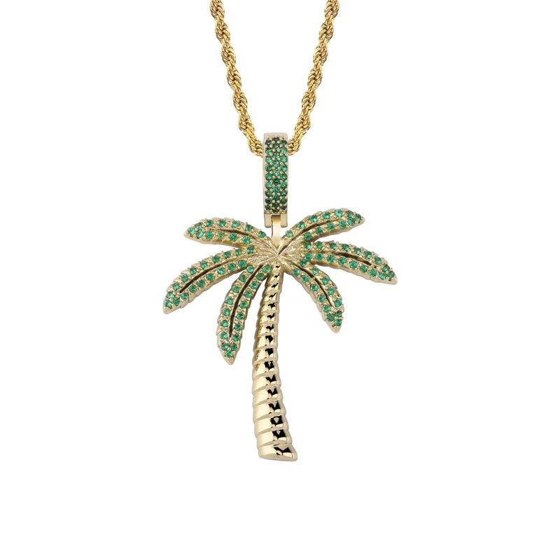 Coconut Tree Iced Out CZ Pendant Silver Plated Hip Hop Men's Jewelry