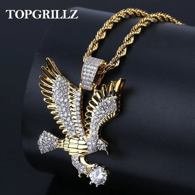 Hip Hop CZ Eagle Pendant Necklace Men Charm Jewelry