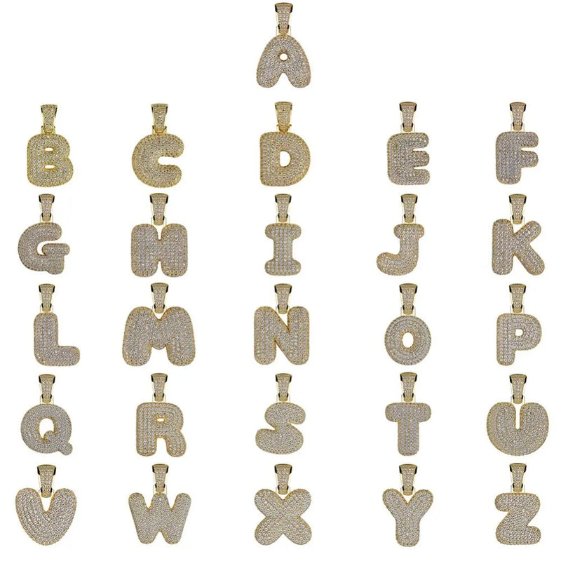 Hip Hop A-Z Micropave Zircon Name Bubble Letters Iced Out Pendant Necklace