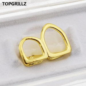 Yellow Plated Double Tooth Grillz Open Face