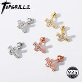 925 Silver CZ Stud Earrings Geometric Cross Hip Hop Jewelry