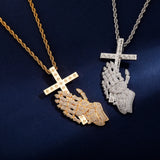 Iced Out Praying Hand Pendant Necklace Cross Hip Hop Punk Jewelry