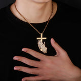 Iced Out Praying Hand Pendant Necklace Cross Hip Hop Punk Jewelry