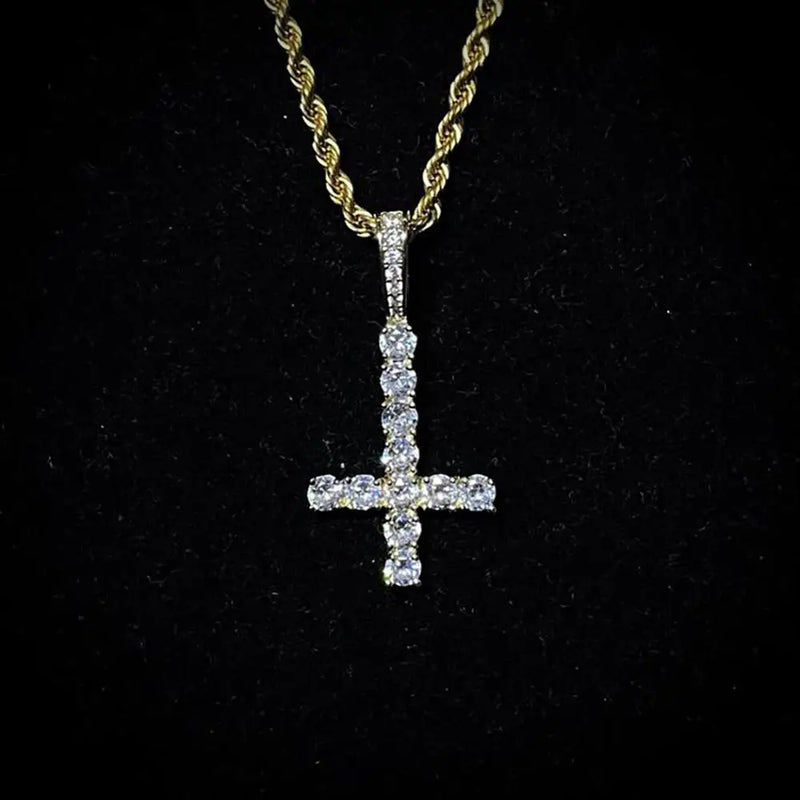 Upside Down CROSS Pendant Iced Out Zirconia Necklace Hip Hop Jewelry