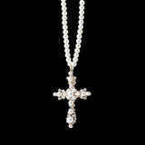 Vintage Pearl Necklace with CZ Cross Pendant