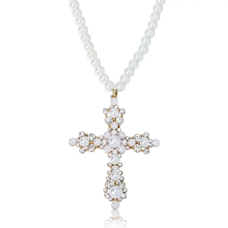 Vintage Pearl Necklace with CZ Cross Pendant