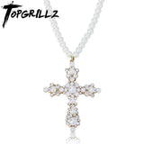 Vintage Pearl Necklace with CZ Cross Pendant