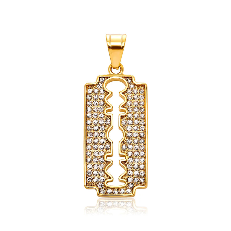 Stainless Steel Razor Pendant Necklace with Zirconia Hip Hop Jewelry