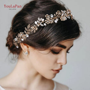 HP355 Alloy Leaf Bridal Headband Wedding Hair Vine Golden Jeweled Headpiece