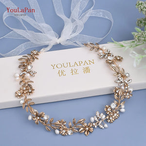 HP355 Alloy Leaf Bridal Headband Wedding Hair Vine Golden Jeweled Headpiece