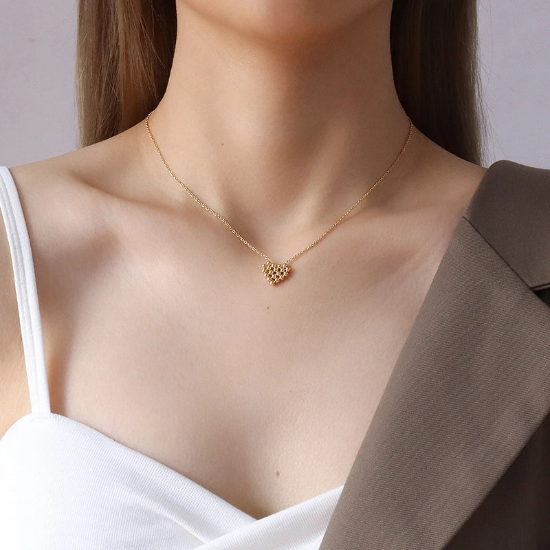 Sweet Peach Heart Beads Chain Stainless Steel Necklace