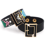 Multicolor Wide Leather Bracelet for Women Geometric Metal Wrap Charm Jewelry