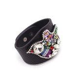 European Punk Crystal Flowers Charm Leather Bracelet Cuff