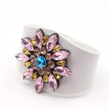 European Punk Crystal Flowers Charm Leather Bracelet Cuff